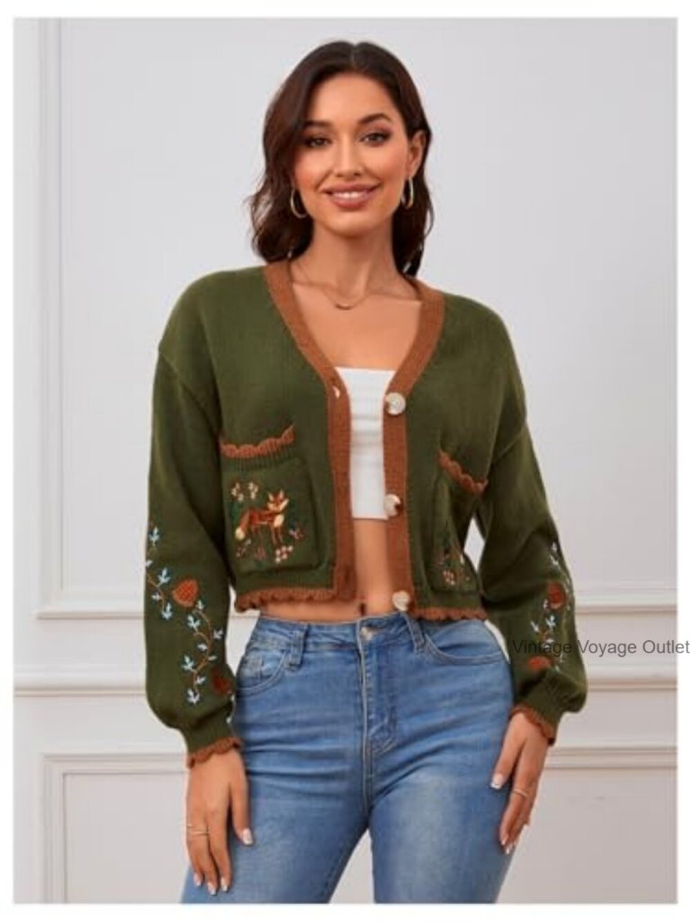Embroidered Floral Cropped Cardigan V-Neck Boho Open Front Cardigan - Picture 5 of 7